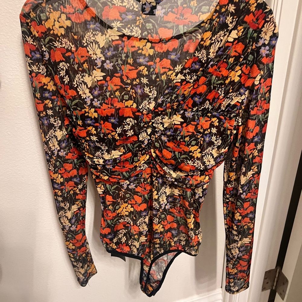 Guess by Marciano Black and Orange Ruched Bodysuit with Peter Pan Collar